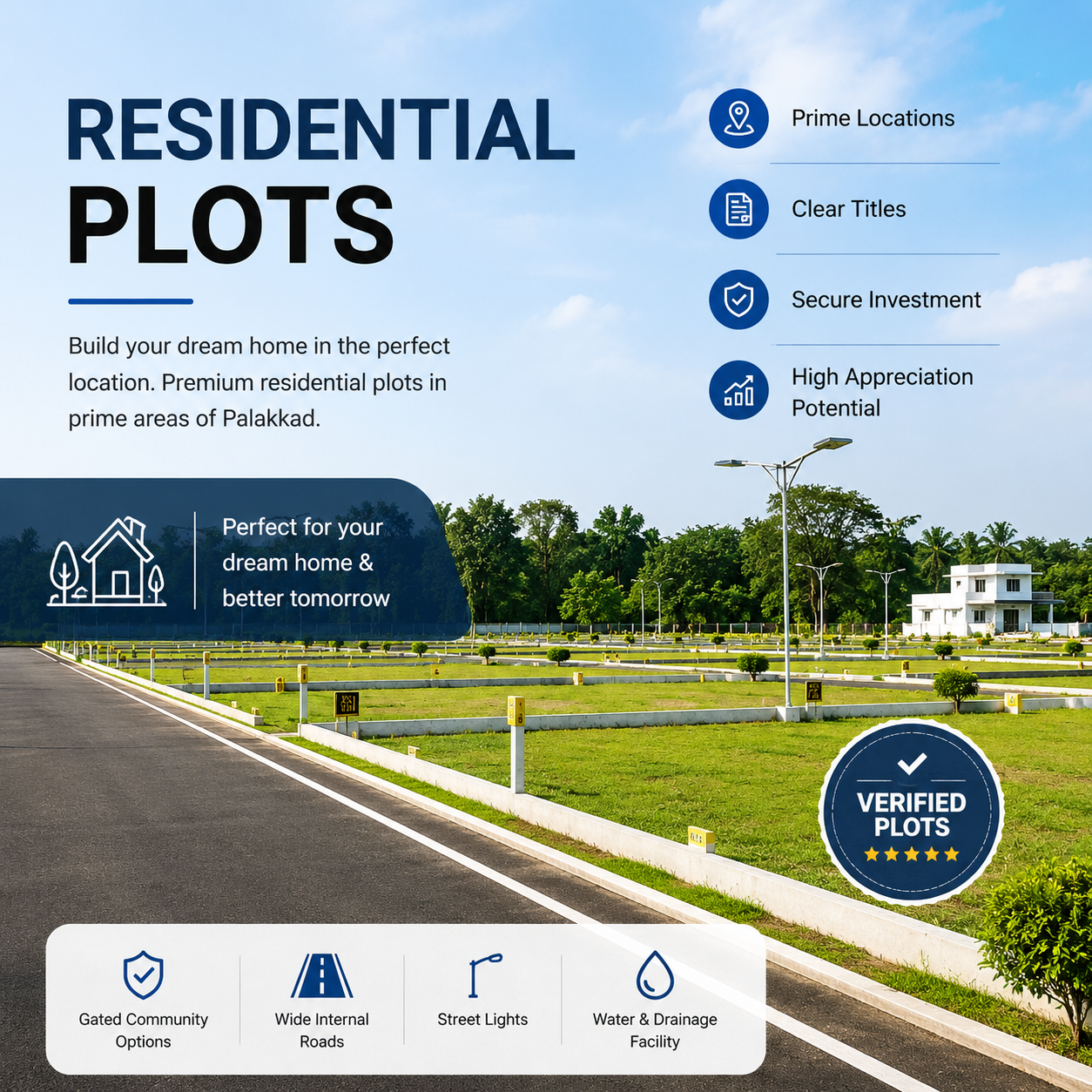 Premium residential plots for sale with clear titles and secure investment opportunities by professional real estate services in Palakkad.